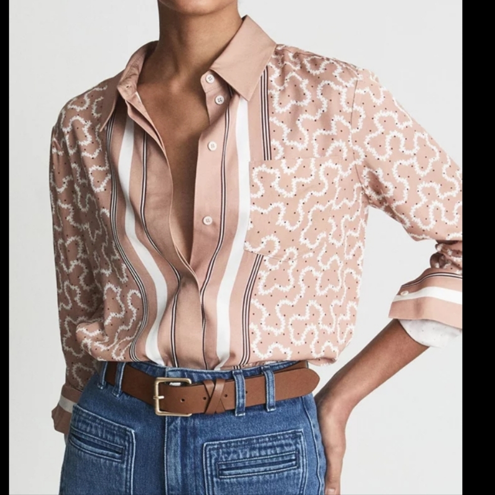 Reiss Long Sleeve Blouse Shirt - Pink and  White-US Size 8